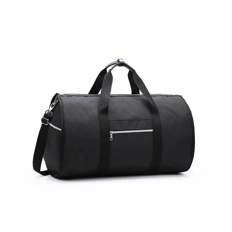 Cylinder-shaped medium travel bag in Oxford cloth, shown in black with a zipper opening.