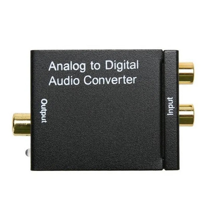 Black digital to analogue audio converter with optical cable and power supply