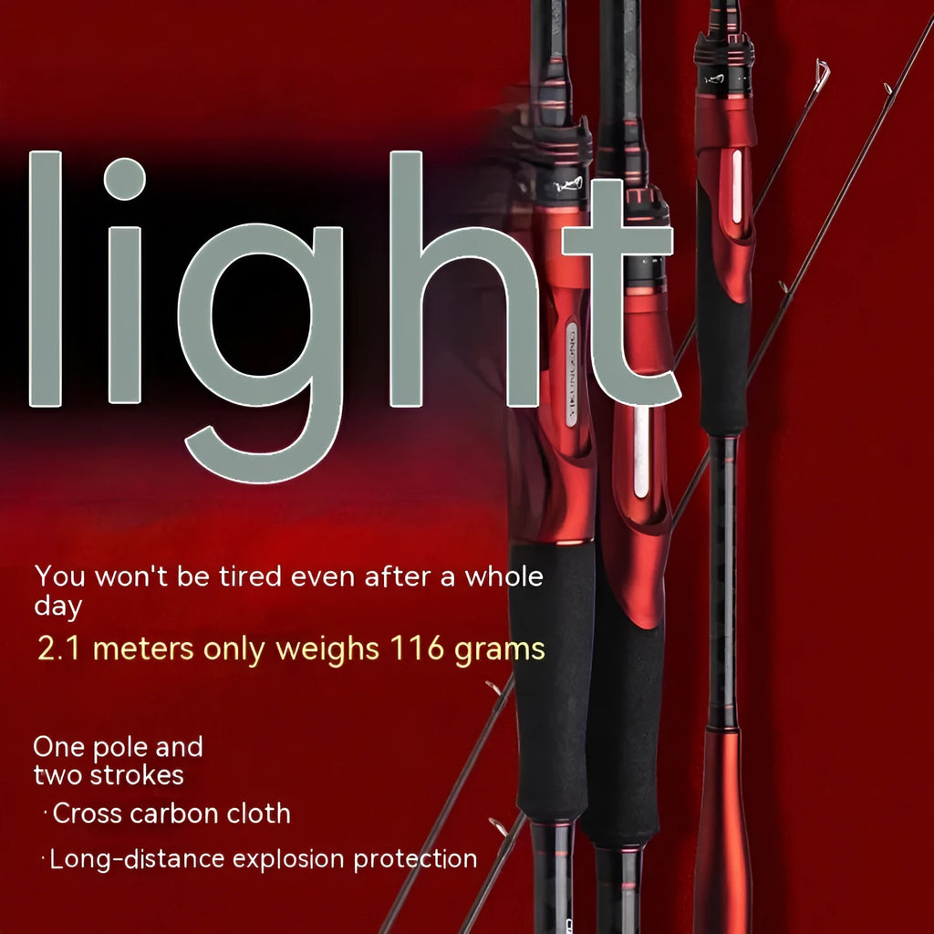 Carbon ultralight fishing rod showing straight handle and pikestaff handle options in 2.1m and 2.4m lengths.