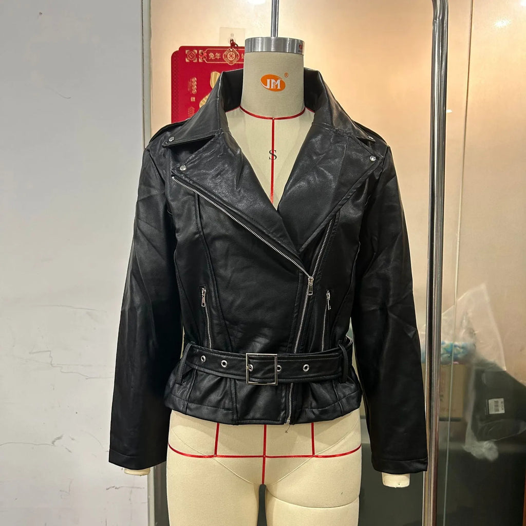 Black punk-style jacket with a Peter Pan collar and locomotive lapels, featuring a drawstring waist.