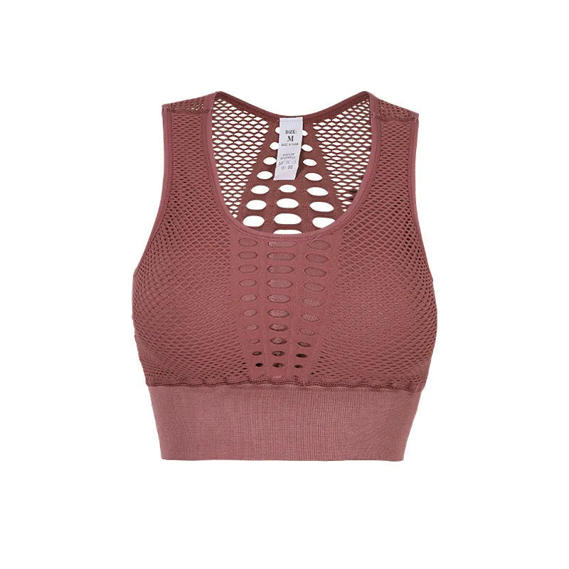 Women's quick-dry sports bra in black, blue, pink, or white, polyester, sizes S to L, for running and yoga.