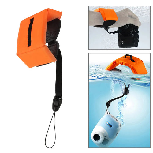 Orange nylon and foam camera buoyancy belt diving floating wrist strap on surface