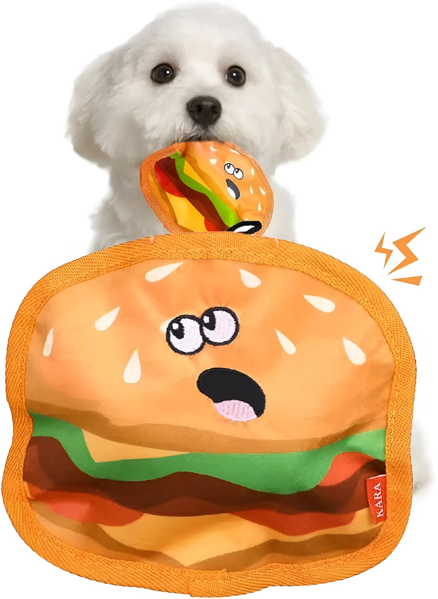 Colourful crinkle and squeak dog toy in a fast-food burger shape on a white background.