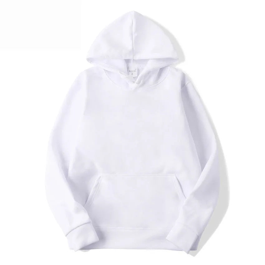 White cotton blend unisex hoodie with hood and long sleeves on hanger