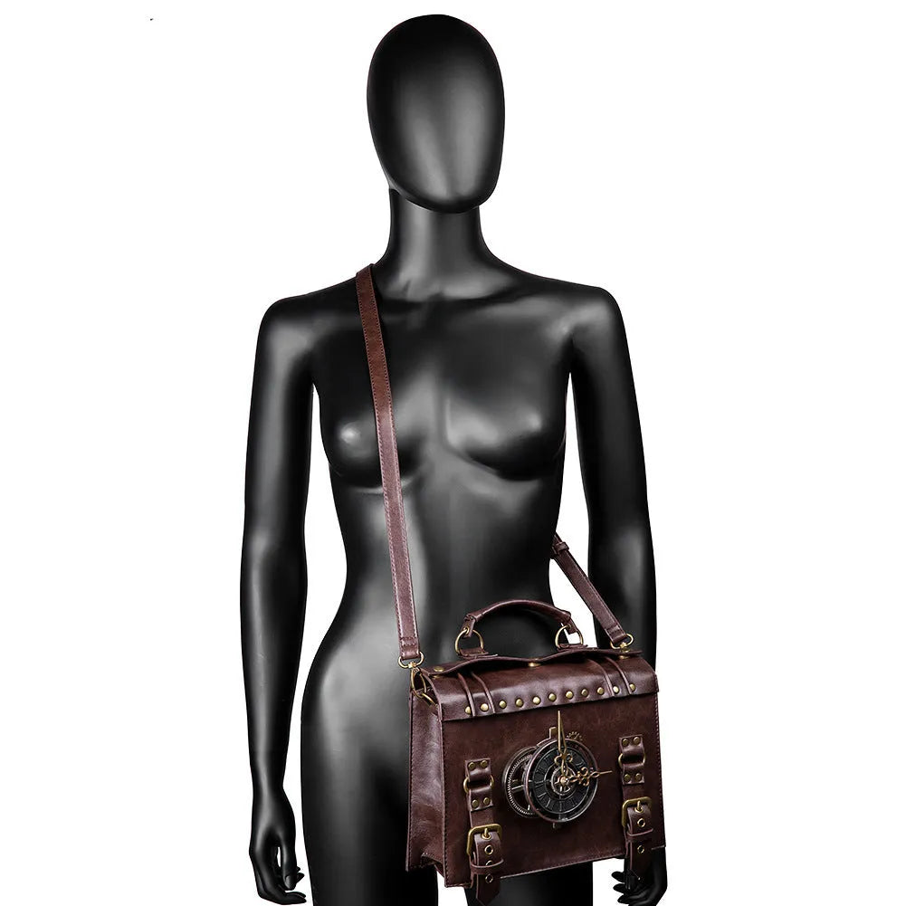 Bronze steampunk shoulder bag with metal hardware and horizontal square pillow design