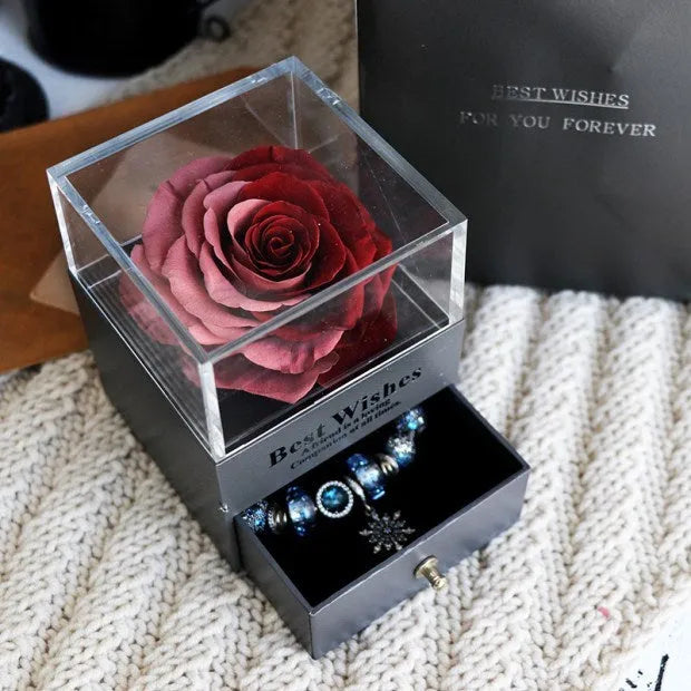 Eternal flower gift box with artificial roses, measuring 8.5cm wide and 10.5cm high