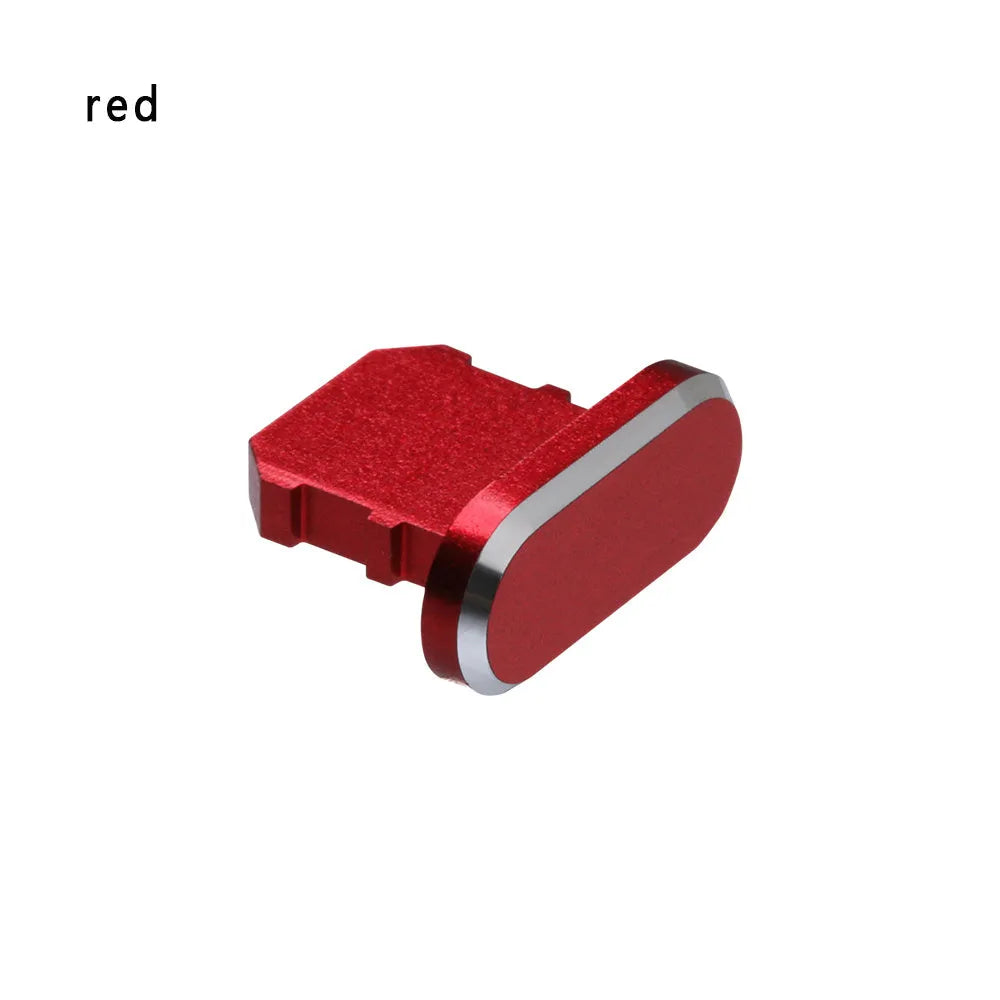 Aluminium alloy charging port dust plug for iPhone in various colours including gold, silver, blue, and black.