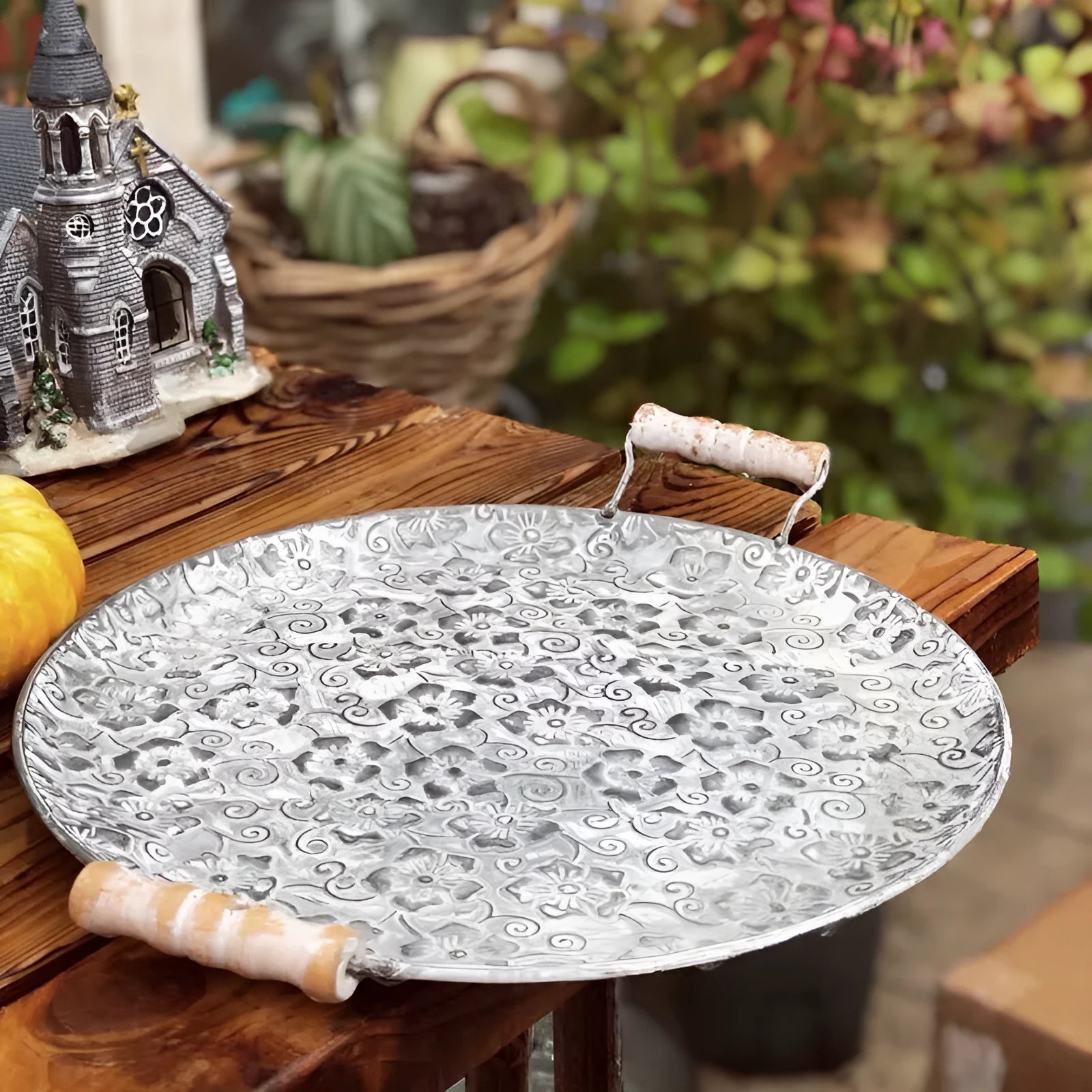 European-style round wrought iron storage tray with belt design in two size options