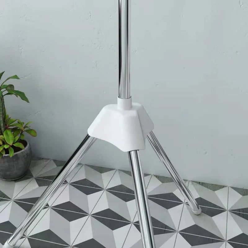 Mobile three-layer stainless steel drying rack with plastic clips and dedicated garment sections