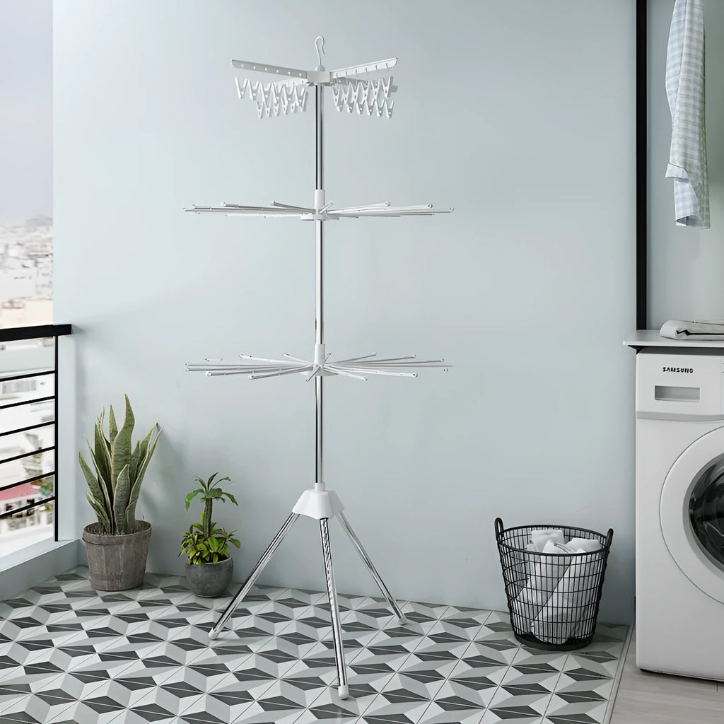 Mobile three-layer stainless steel drying rack with plastic clips and dedicated garment sections