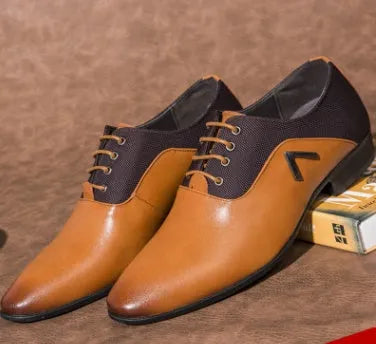 Men's black Oxford shoe with artificial PU upper and rubber sole, shown on a size chart background.