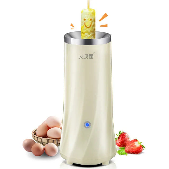 Beige white and green compact automatic mini breakfast machine on a kitchen counter.