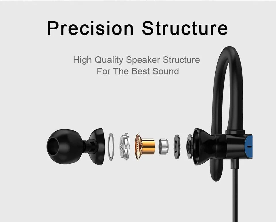Sports earphones with flexible ear hook and silicone earbuds in black and blue colour, shown next to a mobile phone.