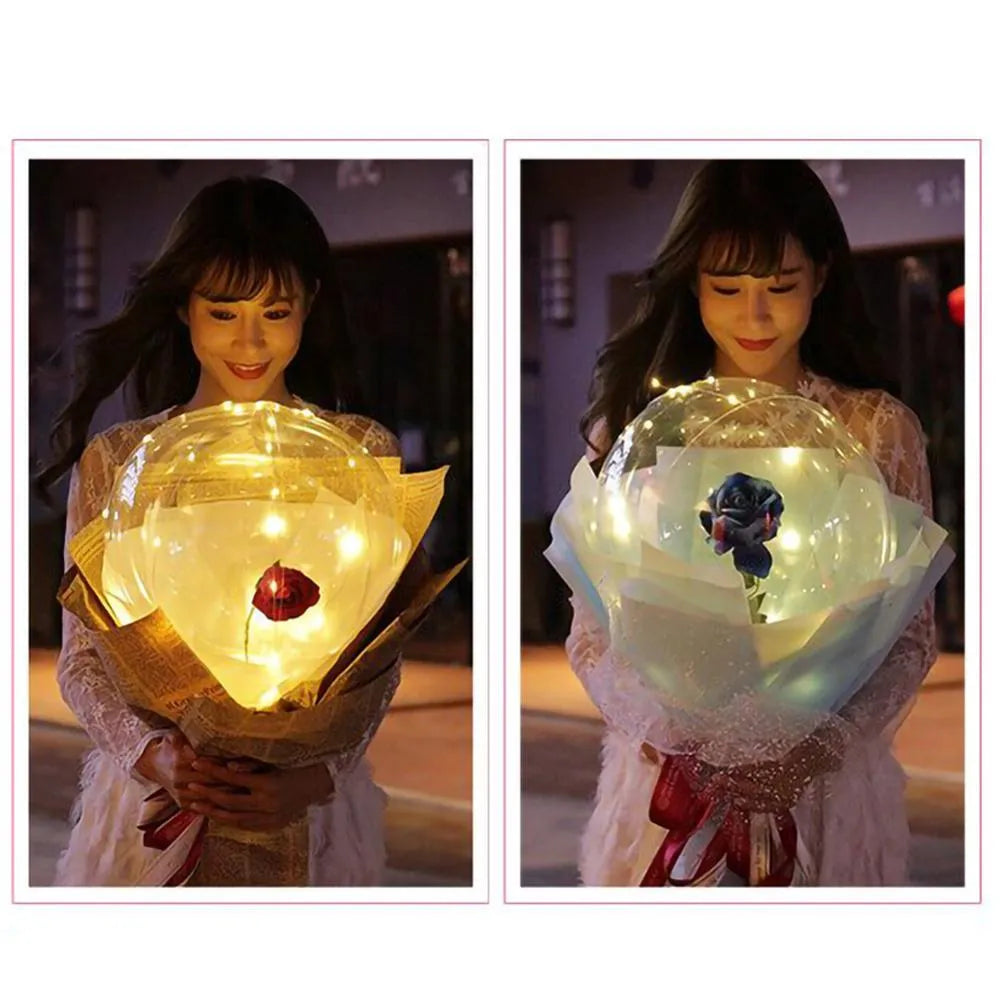 DIY LED luminous balloon rose bouquet set with transparent Bobo balls and LED lights on artificial flowers