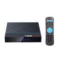 Black T95 Max Plus Android TV Box with remote, showing UK plug power adapter.