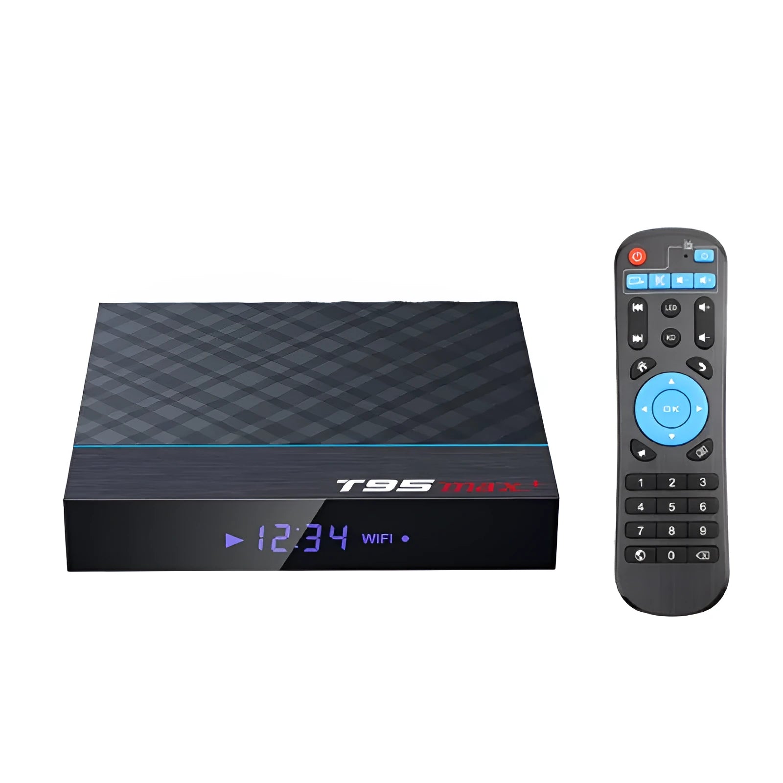 Black T95 Max Plus Android TV Box with remote, showing UK plug power adapter.