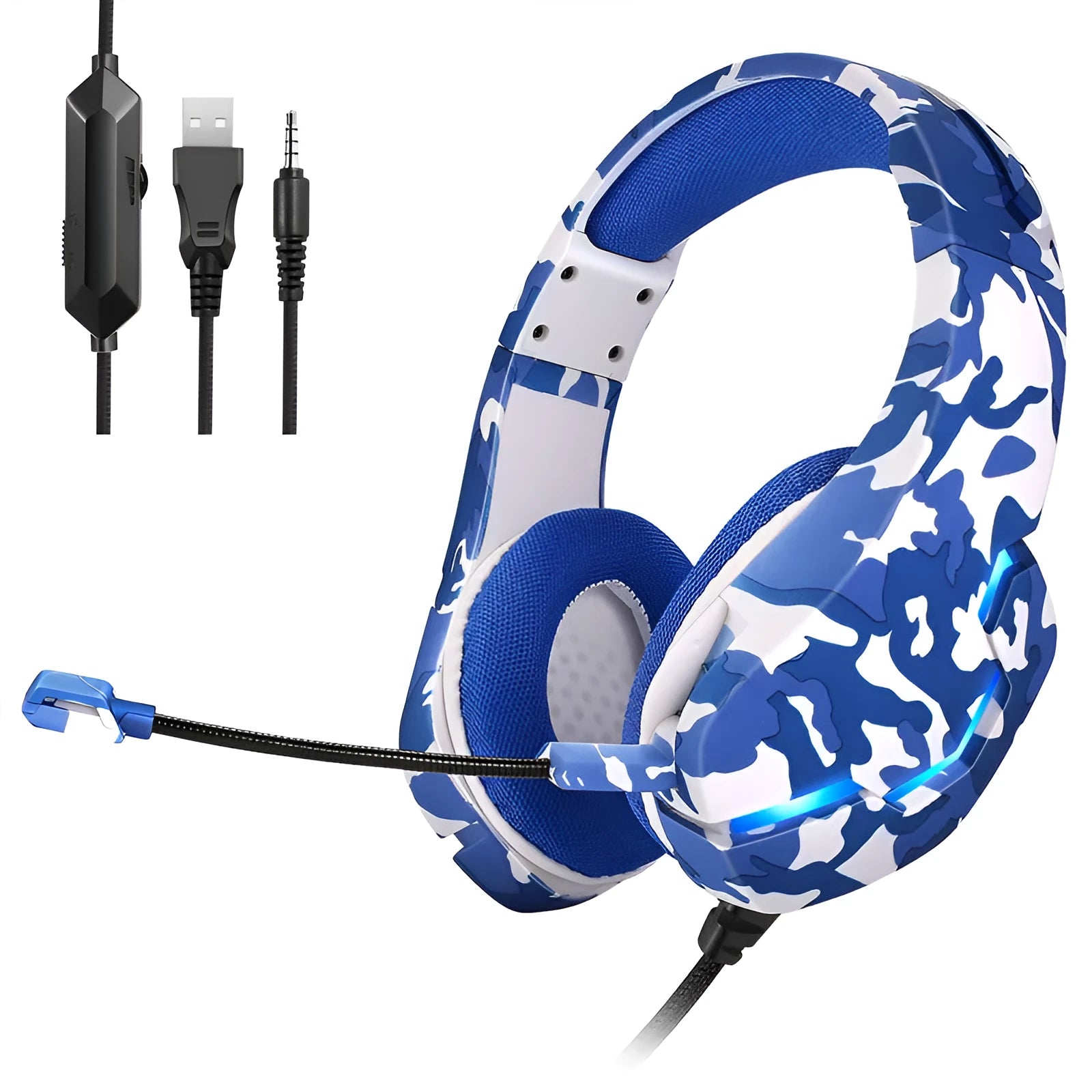 Wired gaming headset in camouflage blue or white with cloth earmuffs and braided cable