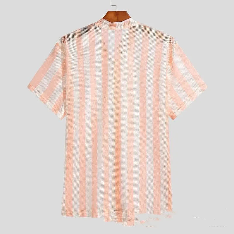Men's pink short-sleeve cardigan with a loose hole waffle knit texture for summer.