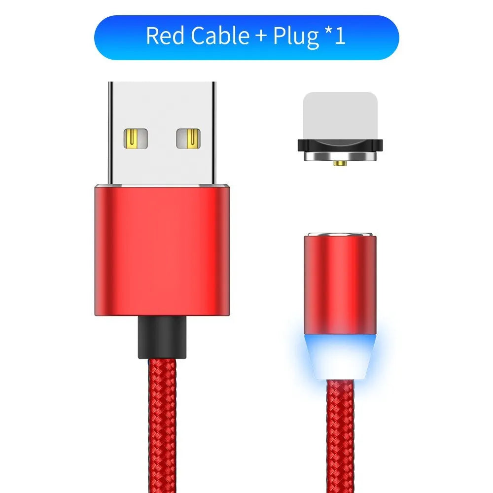 Black magnetic LED charging cable with aluminium shell and woven texture, showing LED light and connector.