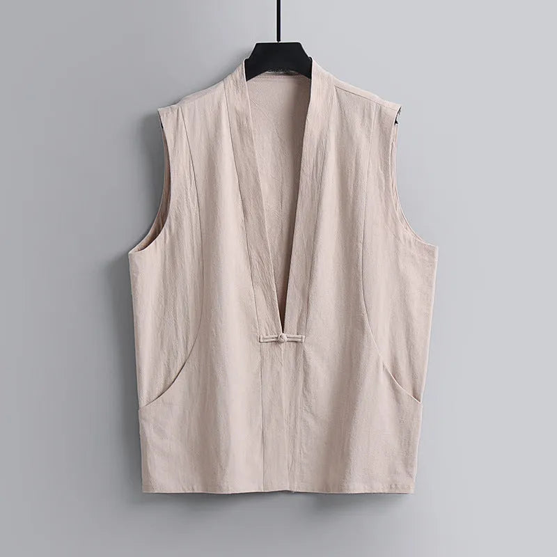 Men's loose-fitting sleeveless linen vest in solid colour for summer wear