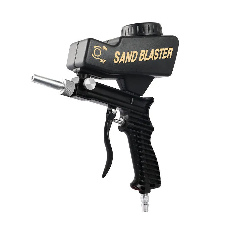 Portable black pneumatic sandblasting gun with gravity feed pot and 6.5mm nozzle.