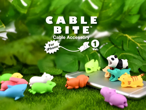 iPhone cable protector in an animal design, showing sleeve placed on charging cable near connector.