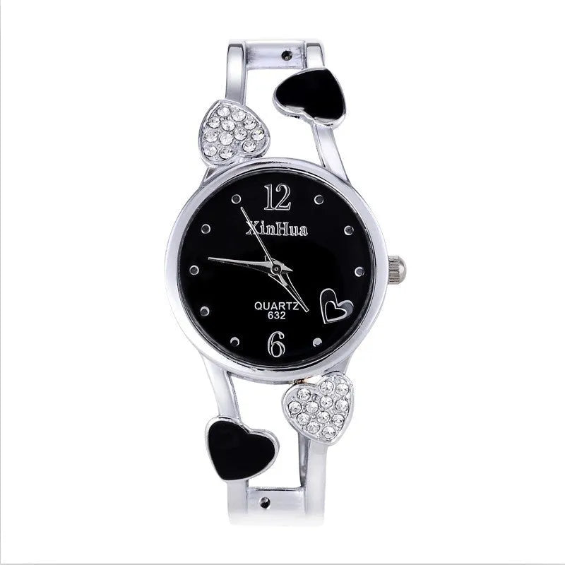 Women's quartz watch set with diamond accents black round dial stainless steel case alloy strap pin buckle