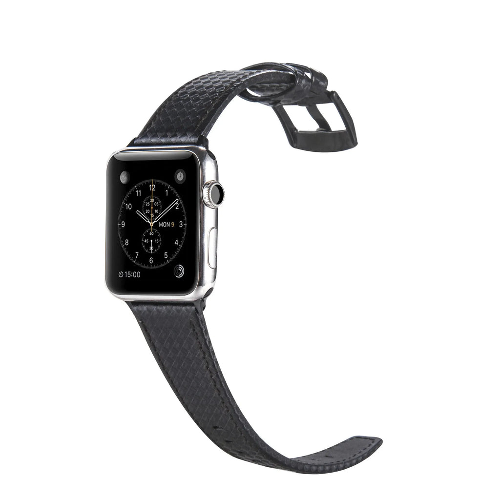 Compatible Apple Watch leather strap with carbon fibre pattern on PC case in red, black, orange, or blue