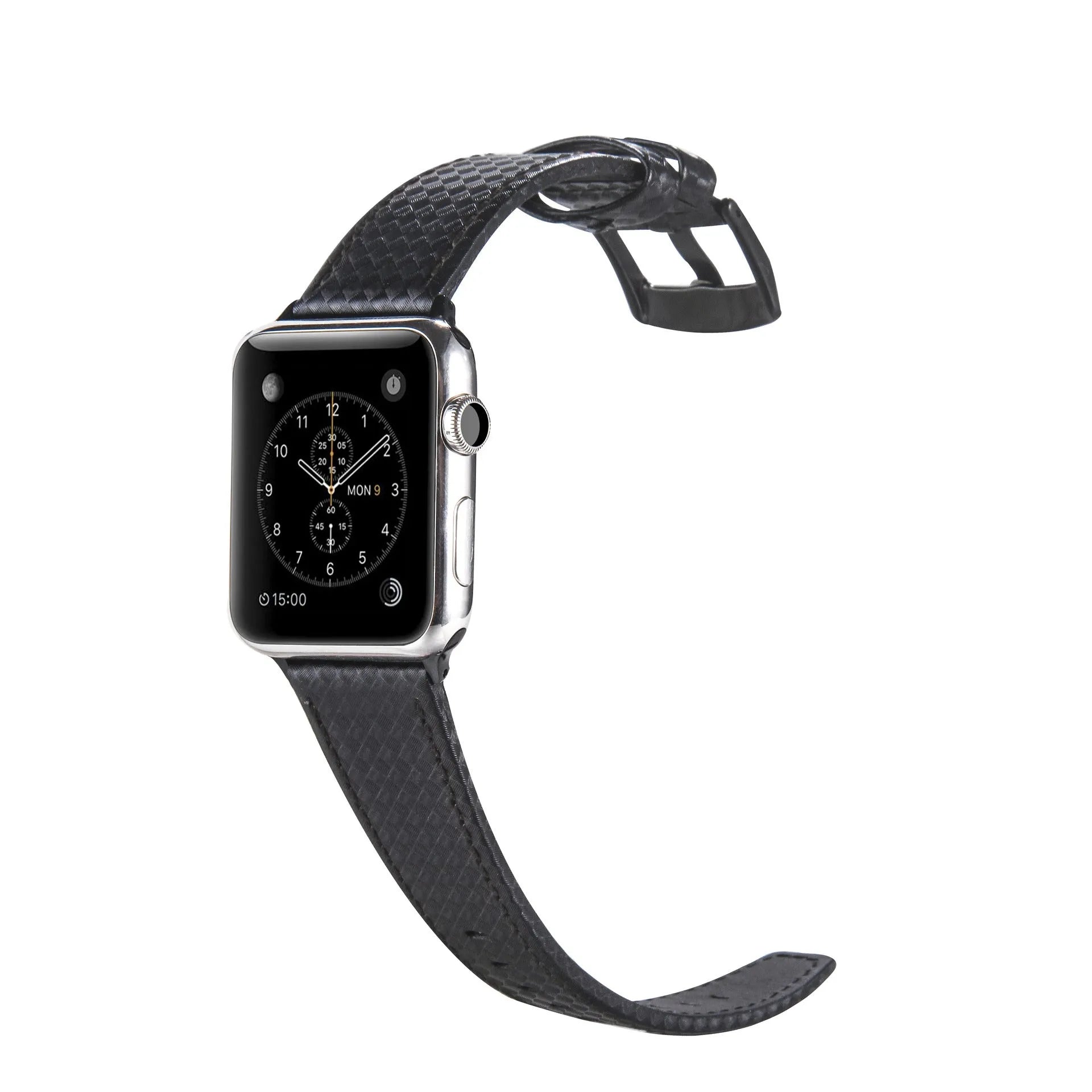Compatible Apple Watch leather strap with carbon fibre pattern on PC case in red, black, orange, or blue
