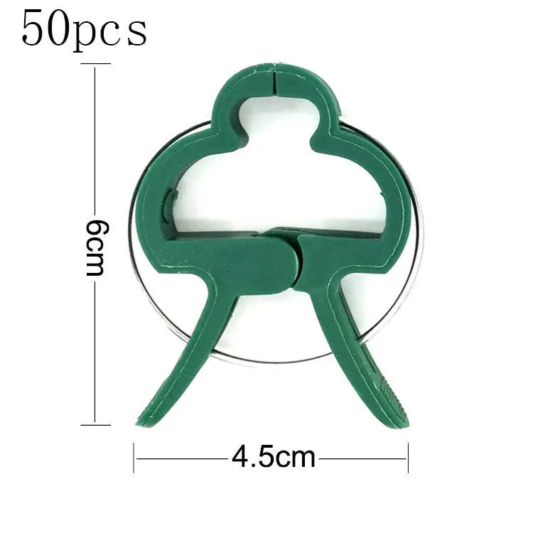 Green plastic and zinc plant fixing clips in large and small sizes for securing climbing plants.