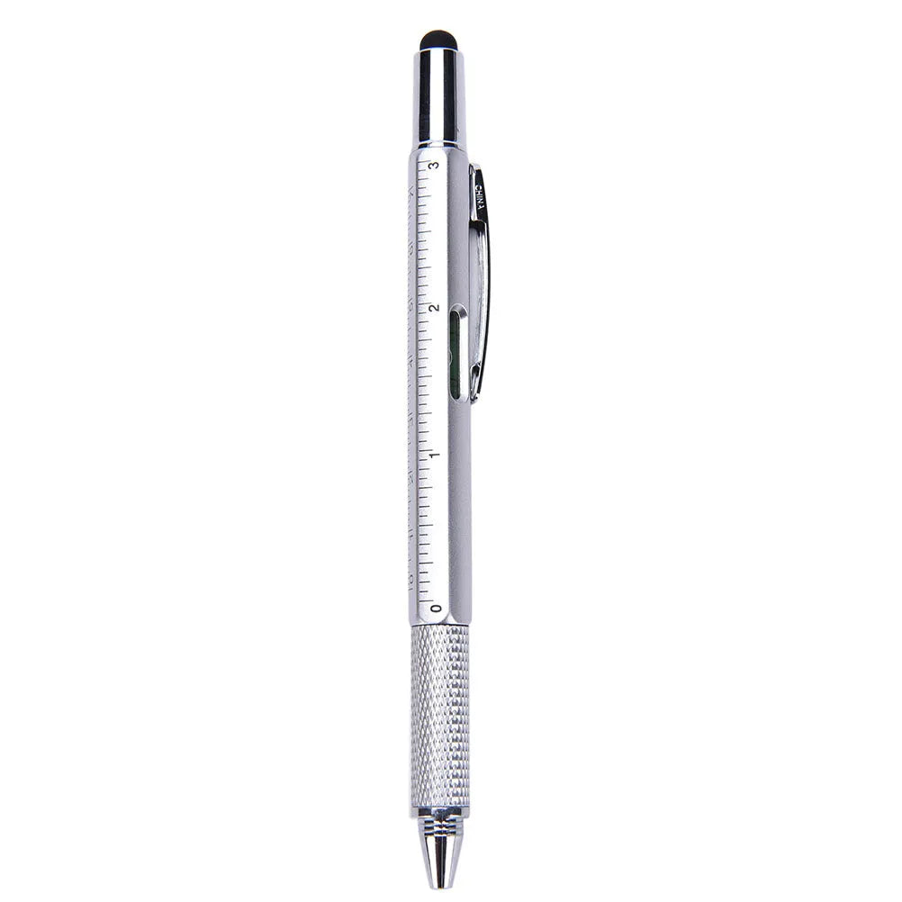 6 in 1 multi-function touch screen stylus ballpoint pen with screwdriver tips and spirit level in black