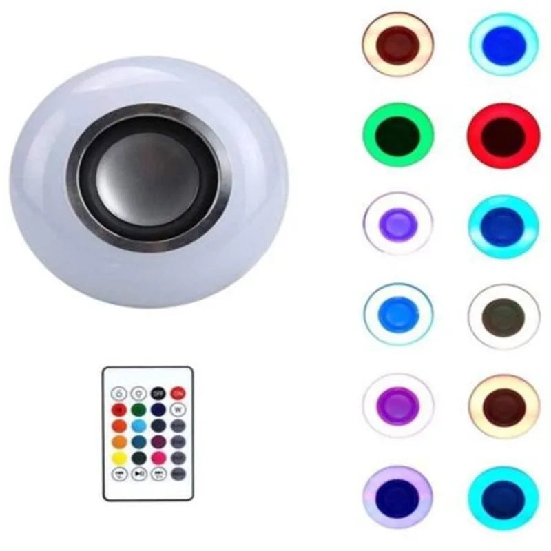 White smart LED bulb with E27 base featuring built-in Bluetooth speaker and 16-colour RGB lighting