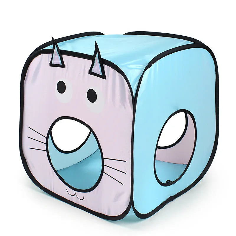 Foldable cat tent tunnel toy with cat and fish design in three-piece set