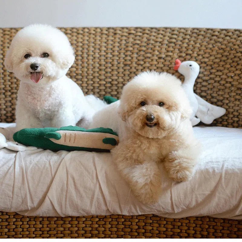 Green durable plush toy dog soft toy measuring 35 cm long.