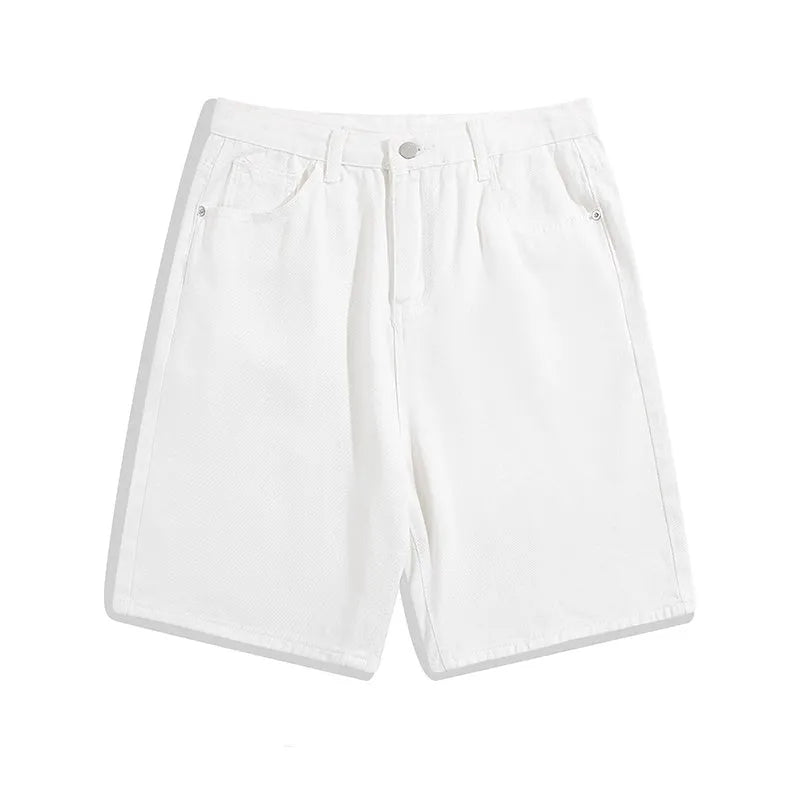 Men's light blue denim shorts with a straight-leg, five-point design and zipper fly.