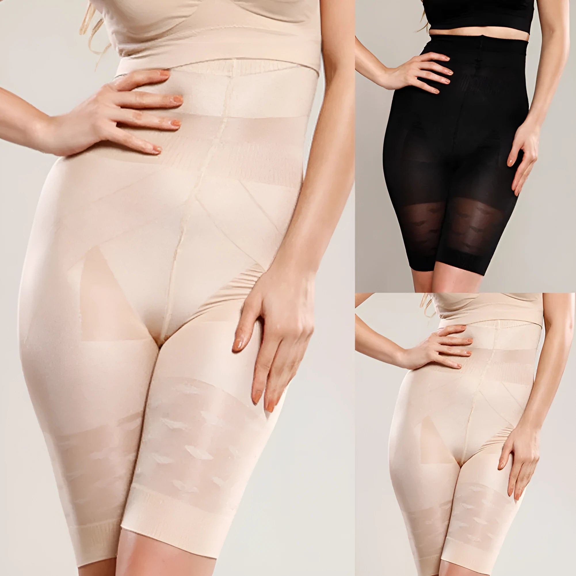 Black high-waist seamless shapewear shorts laid flat showing the waistband and short length.