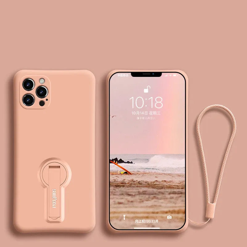 Liquid silicone anti-drop phone case for Apple iPhone 12 series, raised screen and camera protection, rotating bracket, lanyard, black colour
