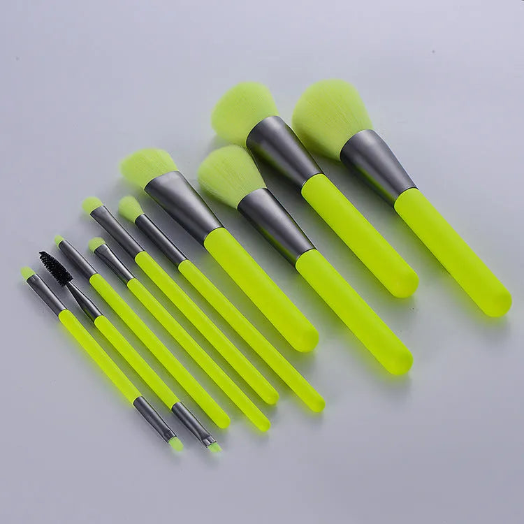 10 piece professional fluorescent green makeup brush set with synthetic fibre bristles and wooden handles