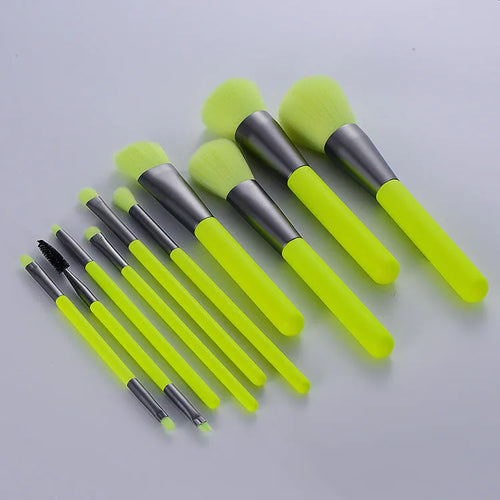 10 piece professional fluorescent green makeup brush set with synthetic fibre bristles and wooden handles