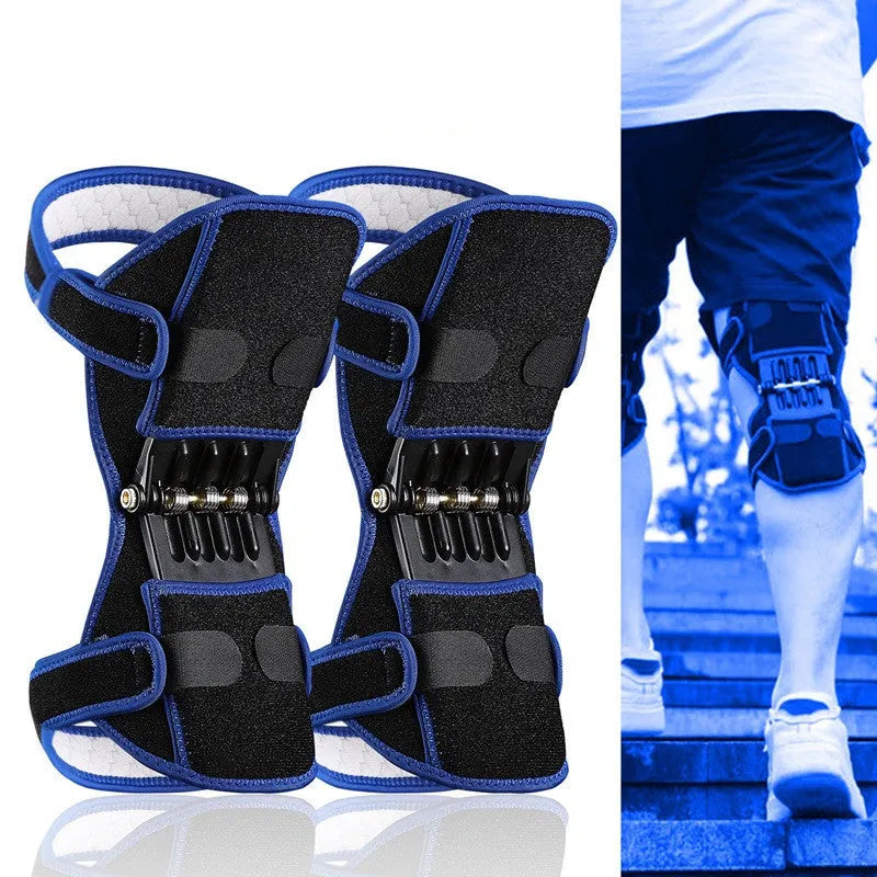 Adjustable spring knee brace support for mountaineering and sports, shown in black with breathable fabric.
