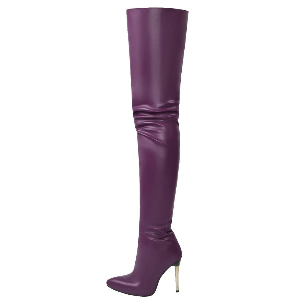 Lady's plus-size over-the-knee fashion boots with metal heels in black, side zipper, size 35-48