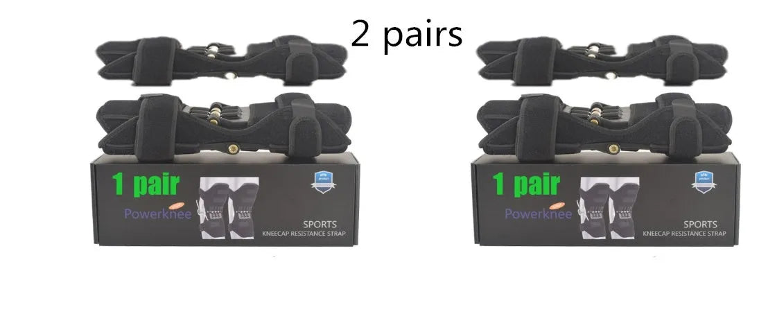 Adjustable spring knee brace support for mountaineering and sports, shown in black with breathable fabric.