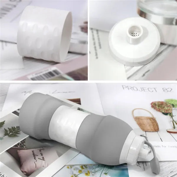 Blue silicone folding water bottle shown expanded and collapsed with measurement scale