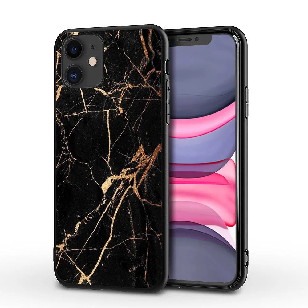 Marble pattern iPhone case with TPU PC construction showing waterproof drop-resistant features