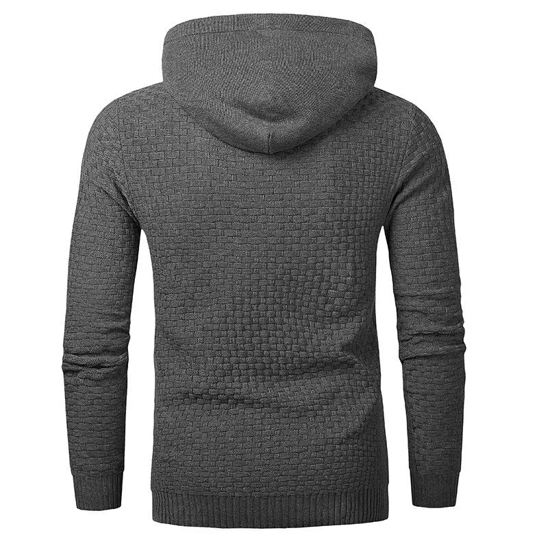 A men's hoodie sweater in a cotton and polyester blend, shown in one of nine available colours.