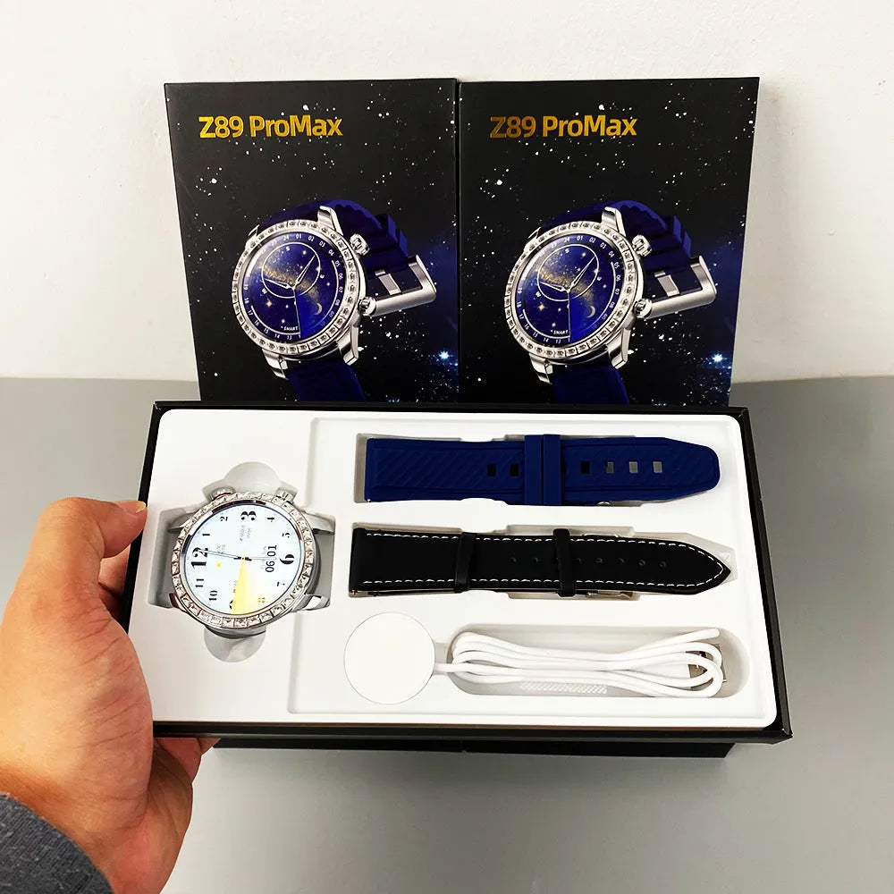 Z83 Max full diamond disc smart watch with TFT screen, touch button, Bluetooth calling, and wireless charger in black, blue, orange, or ivory white