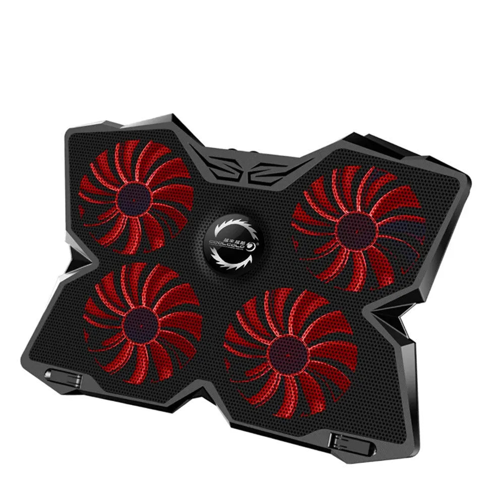 Blue laptop cooling base with four LED fans and USB ports for computer heat dissipation