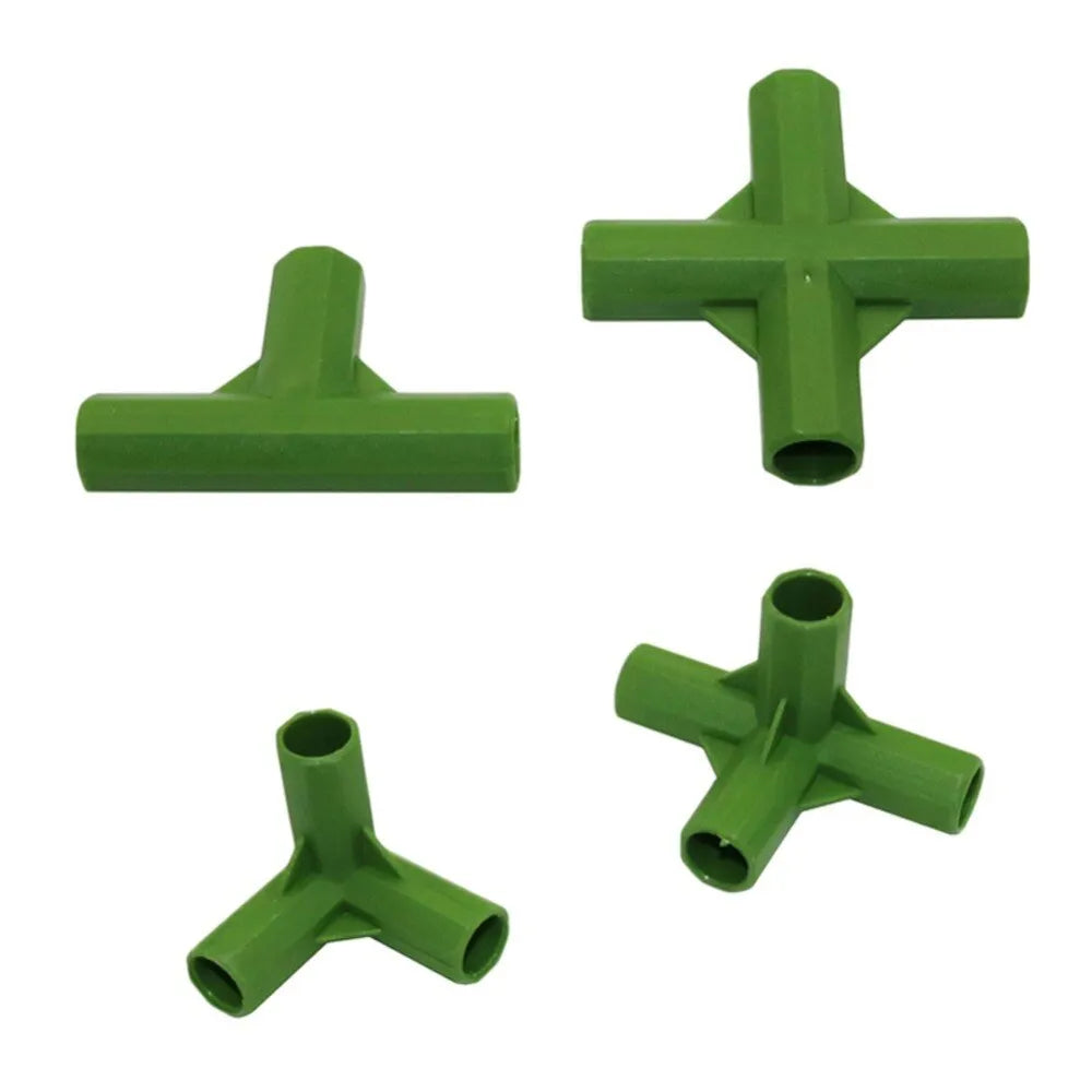 White PP plastic 3-way and 4-way plant support connectors for 11mm garden stakes.