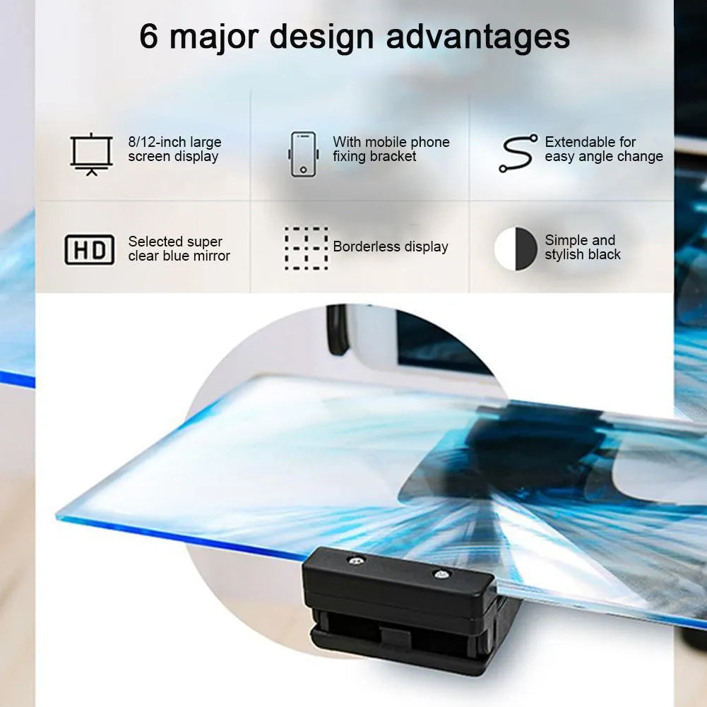 Black mobile phone screen amplifier with 12-inch acrylic display on adjustable folding bracket