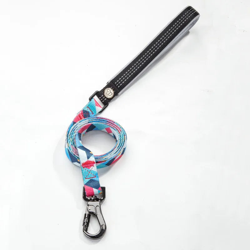 150cm dog lead in polyester with heat transfer printing and zinc alloy fittings, shown in S M L widths